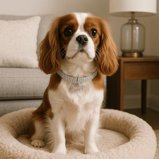 cavalier king charles assis panier collier chiot argent