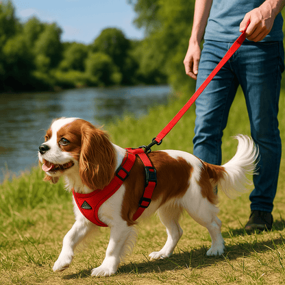 cavalier king charles avec harnais anti traction chien rouge