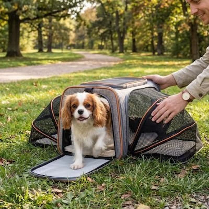 cavalier king charles dans sac de transport pour chien parc