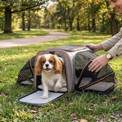 cavalier king charles dans sac de transport pour chien parc