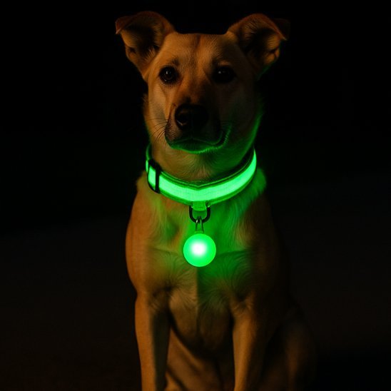 chien assis avec collier lumineux pour chien vert