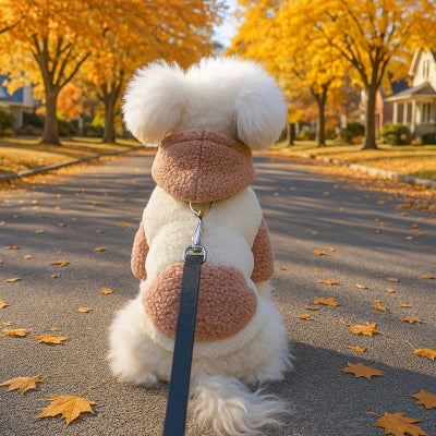 chien assis dans allee lotissement automne avec pull chien rose