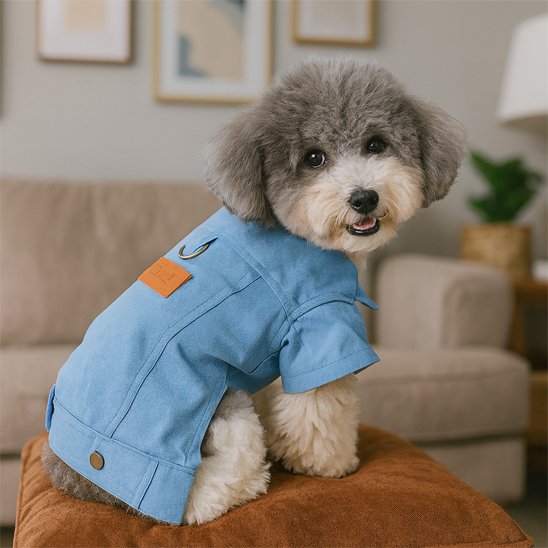 chien assis de profil coussin salon avec manteau chien bleu