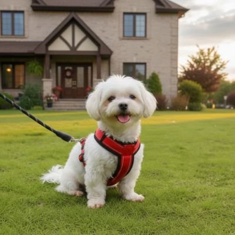 chien assis devant maison avec harnais pour petit chien rouge