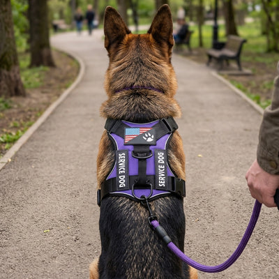 chien assis en laisse portant harnais chien violet