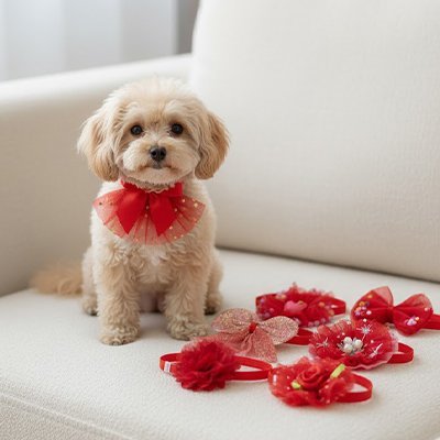 chien assis fauteuil avec plusieurs noeud papillon chien rouge