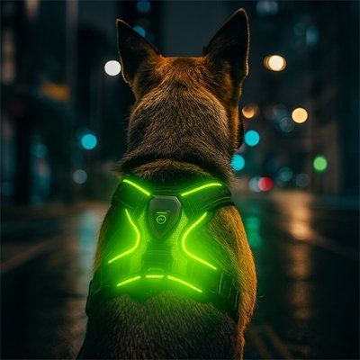 chien assis harnais chien anti traction lumineux vert