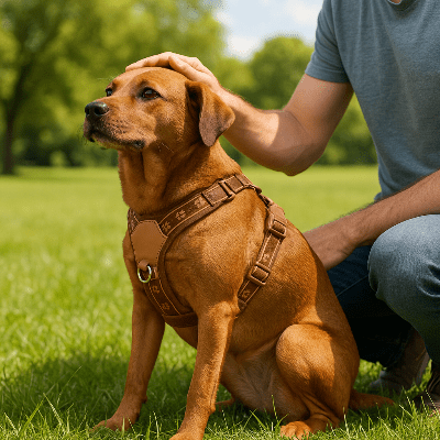 chien assis herbe harnais chien anti traction marron