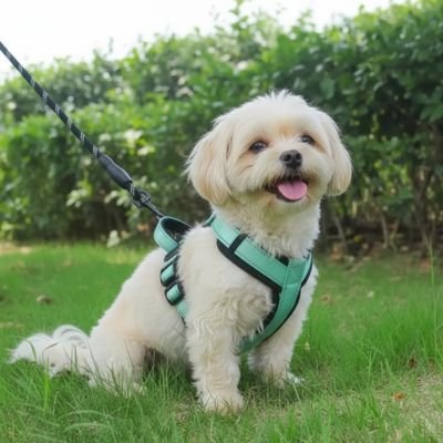 chien assis herbe portant harnais pour petit chien vert