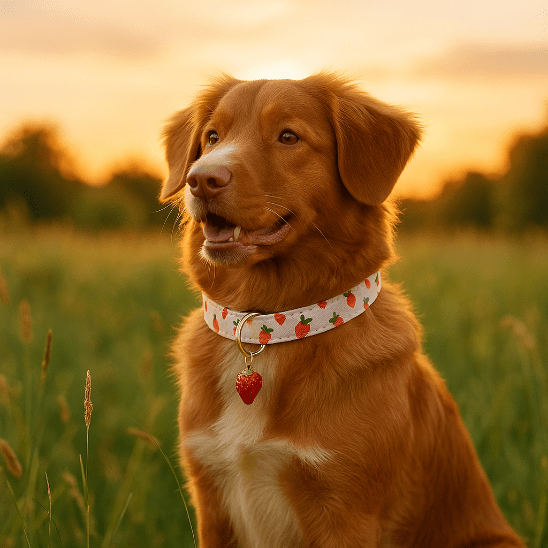 chien assis prairie avec collier chien fraise