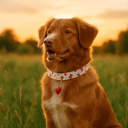 chien assis prairie avec collier chien fraise