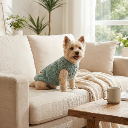 chien assis sur fauteuil portant pull chien vert