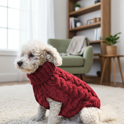 chien assis sur tapis salon avec pull pour chien rouge