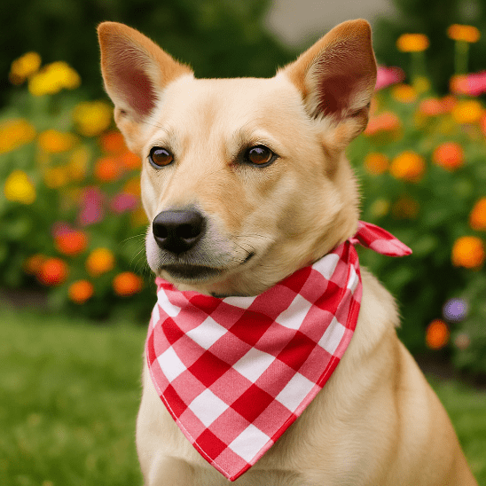 chien avec bandana chien carreaux blanc rouge