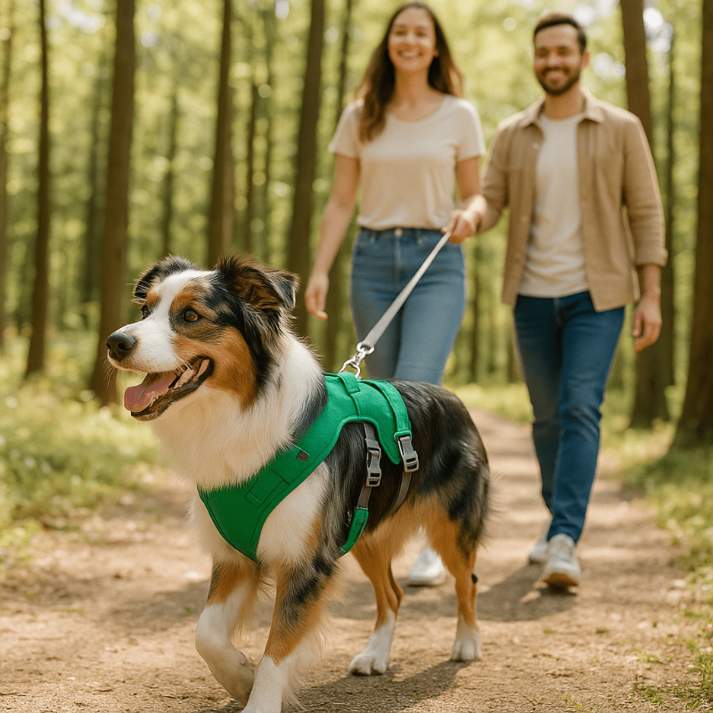 chien avec harnais chien vert dans la foret
