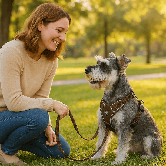 chien avec sa maitresse harnais anti traction chien marron