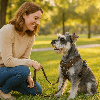 chien avec sa maitresse harnais anti traction chien marron