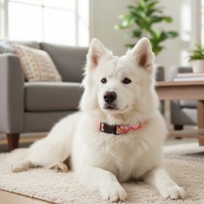 chien blanc allonge tapis salon portant collier pour chien rose
