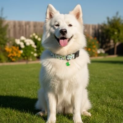 chien blanc assis jardin collier chiot dinosaure vert