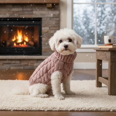 chien blanc assis tapis salon avec pull pour chien prune