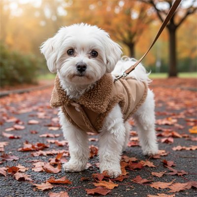 chien blanc dans parc automne avec manteau chien marron