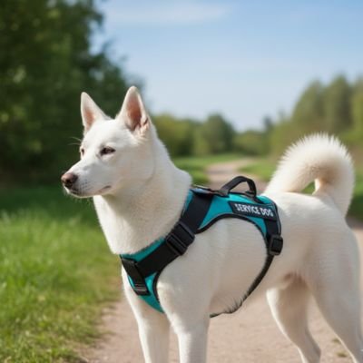 chien blanc dans parc avec harnais chien turquoise