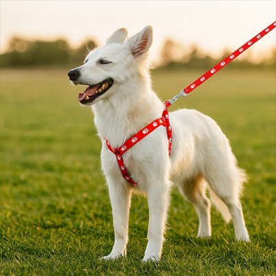 chien blanc debout dans l herbe harnais chien rouge