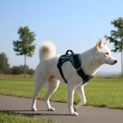 chien blanc marche dans parc avec harnais chien turquoise