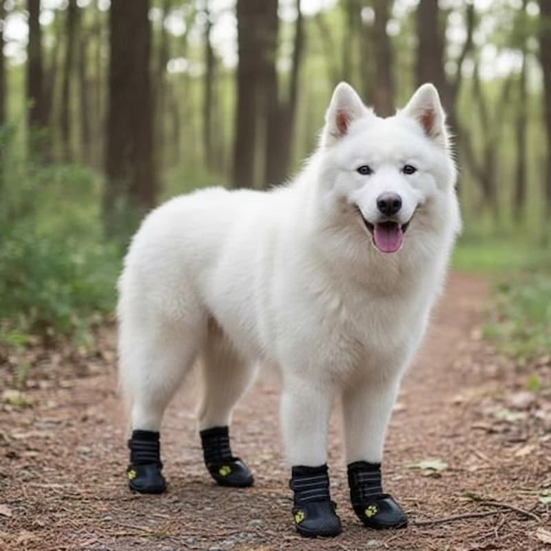 chien blanc portant chaussure chien imperméable dans forêt