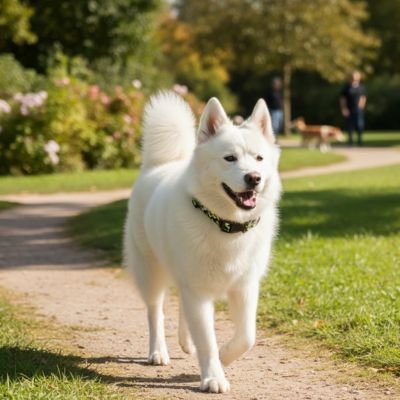 chien blanc se promene parc portant collier pour chien os
