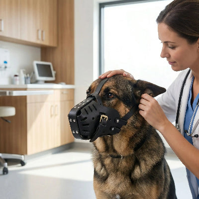 chien chez le veterinaire avec museliere noir