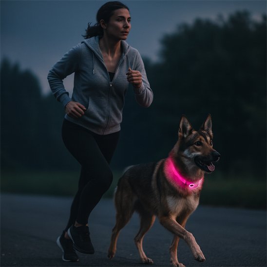 chien court avec maitresse collier lumineux pour chien rose