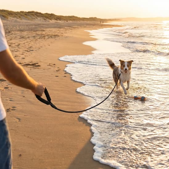 chien court bord plage attache avec longe chien noir