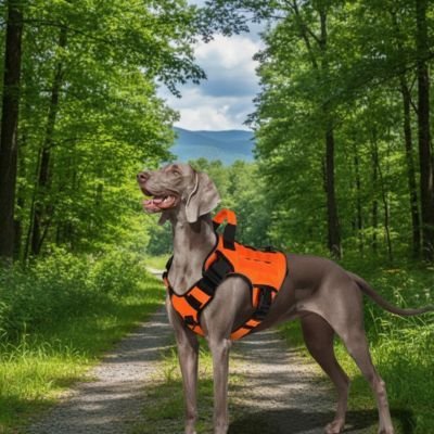 chien dans foret avec harnais anti traction chien orange