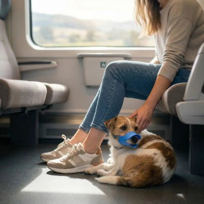 chien dans le train avec muselière bleu