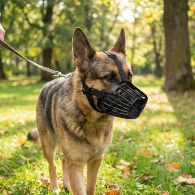 chien dans parc avec museliere chien noir