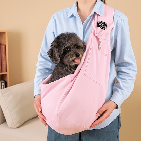chien dans sac transport chien rose bandoulière sur femme