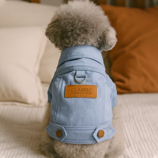 chien de dos assis sur fauteuil avec manteau chien bleu