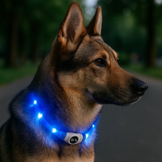 chien de profil avec collier lumineux pour chien bleu