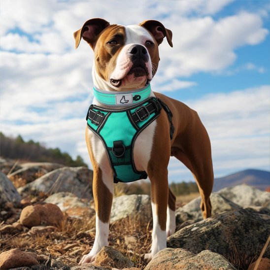 chien debout entre les rochers collier chien turquoise