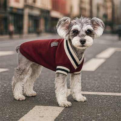 chien debout sur route portant pull pour chien bordeaux