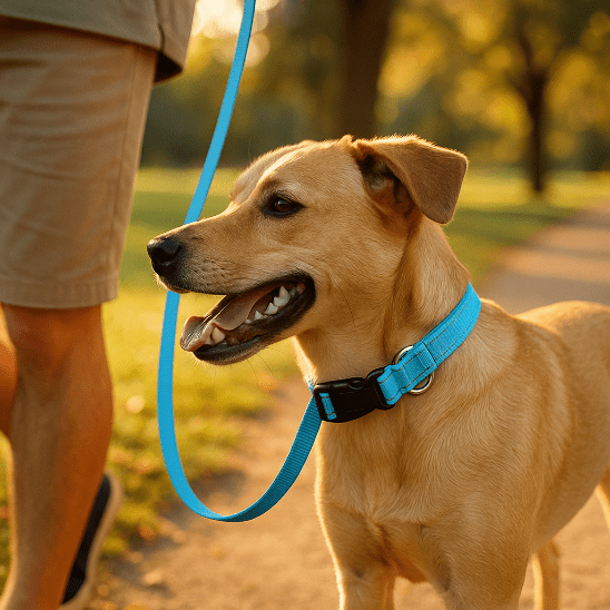 chien en promenade collier pour chien bleu ciel