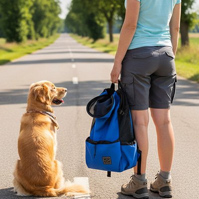 chien et femme tient sac a dos pour chien bleu