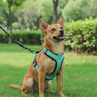 chien marron assis herbe avec harnais pour petit chien vert