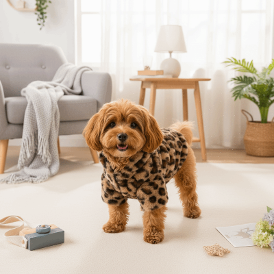 chien marron dans salon portant manteau chien leopard