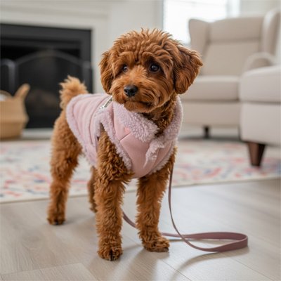 chien marron debout dans salon avec manteau chien rose 