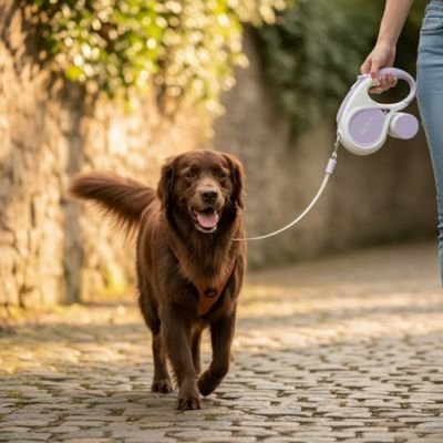 chien marron se promene chemin pave laisse chien enrouleur violet