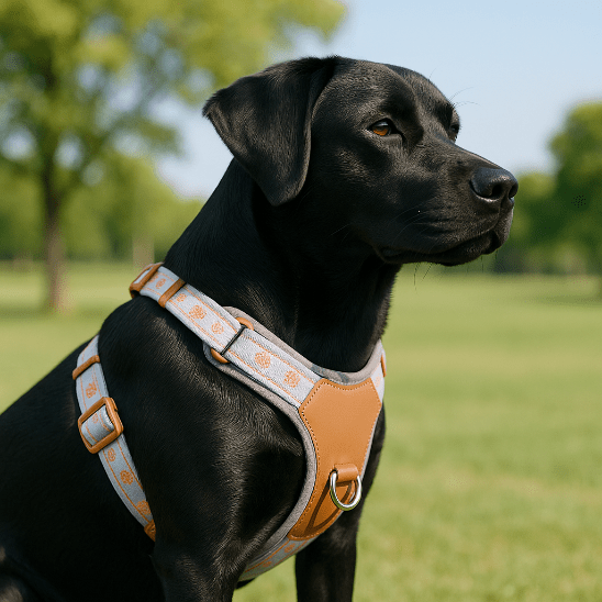 chien noir assis parc harnais chien anti traction gris