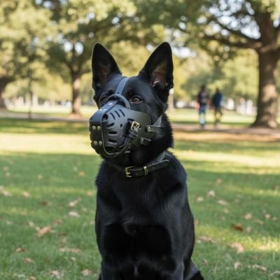 chien noir assis sur herbe parc avec museliere noir