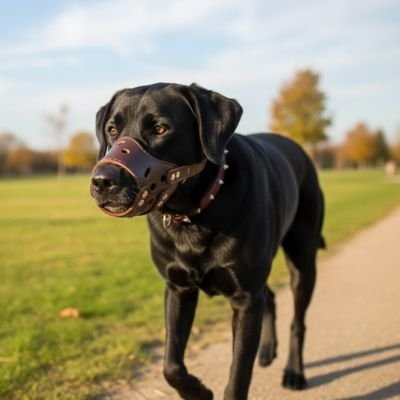 chien noir se promene avec muselière pour chien cafe